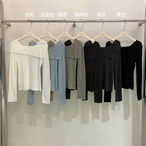 2024秋季新款简约百搭长袖一字肩针织衫毛衣女内搭上衣短款打底衫