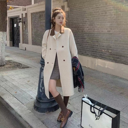 Korean beige coat women's mid-length 2024 autumn and winter new niche design contrasting color lazy style woolen coat