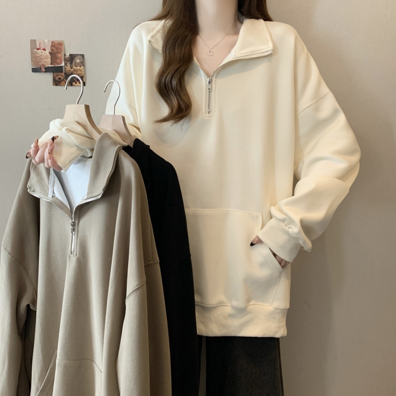Large size fat mm loose stand-up collar zipper design pocket long-sleeved pullover sweatshirt versatile slimming top
