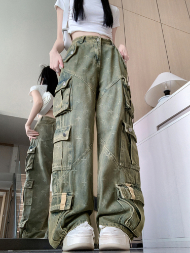 Actual shot ~ Retro distressed workwear jeans for women, multi-pocket heavy embroidery, loose slimming wide-leg pants