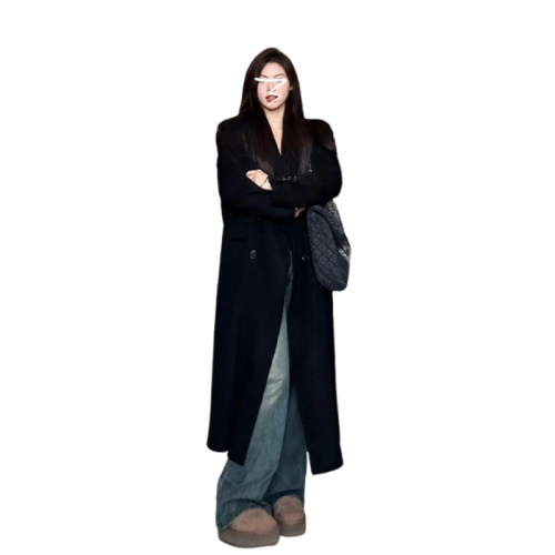 Hepburn style black woolen coat for women autumn and winter new style mid-length double-breasted woolen coat high-end