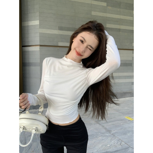 Rayon Rib Fashion Super Hot Korean Style New Half Turtle Collar Long Sleeve T-Shirt Women's Early Autumn Short Top Trendy