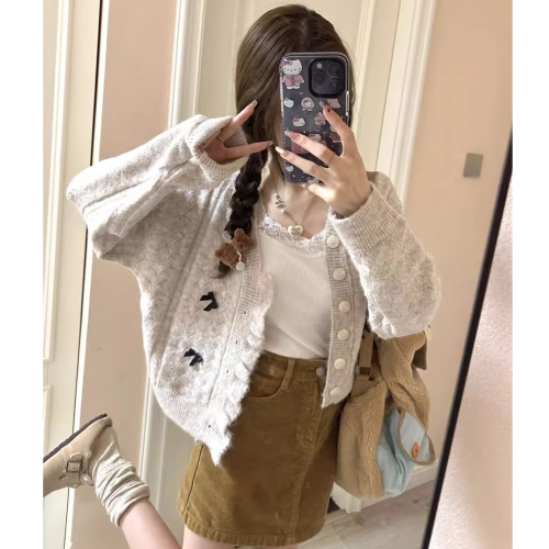French-style bow elegant short knitwear women's spring and autumn design sense niche petite soft sweater coat