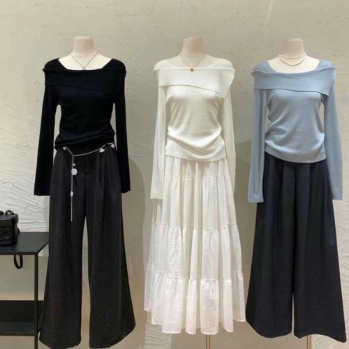 2024秋季新款简约百搭长袖一字肩针织衫毛衣女内搭上衣短款打底衫