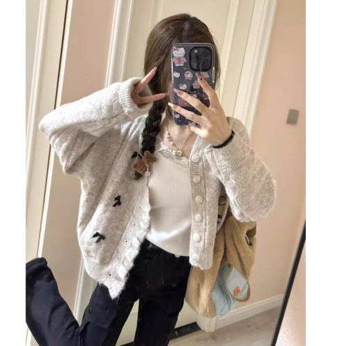French-style bow elegant short knitwear women's spring and autumn design sense niche petite soft sweater coat