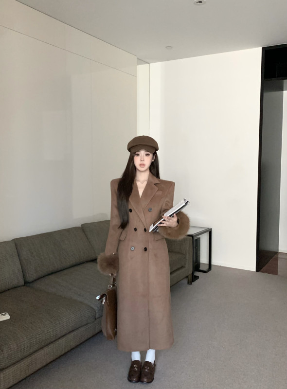 Coat autumn and winter high-end woolen quilted brown suit woolen coat