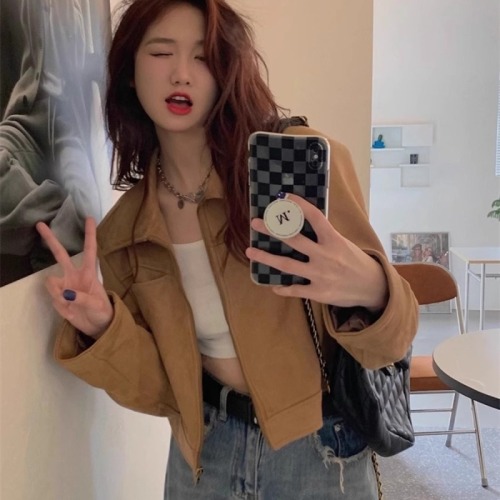 Original lined jacket for women, retro Hong Kong style short sweet and cool hot girl design lapel long-sleeved jacket top