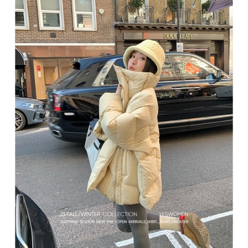 Embraceable down-padded jacket silhouette with diagonal zipper for personal wear. Short lapel style for women. Small winter quilt and cotton-padded coat.