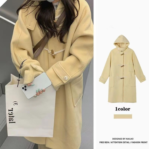 2024 Autumn and Winter New Thickened Trendy Splicing Woolen Coat Women's Mid-Length Hooded Horn Button Woolen Coat Women