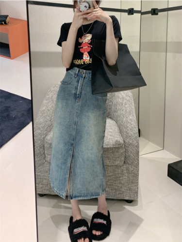 High waist slit denim skirt for women new summer mid-length crotch-covering A-line hip-covering skirt for small people