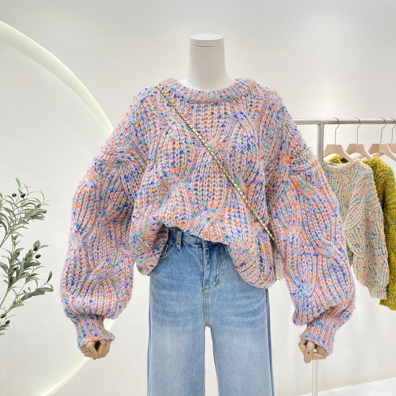 Korean thick-knitted colorful knitted woolen tops, versatile, foreign style, loose lantern sleeves, short pullover for autumn and winter