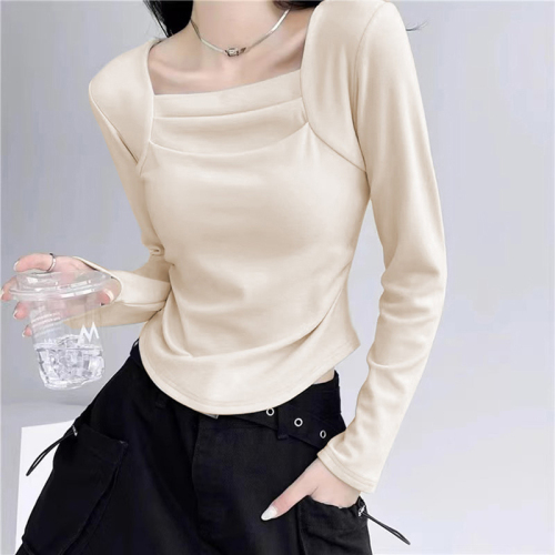 Official photo: Threaded velvet bottoming shirt for women, autumn and winter inner wear, thickened velvet long-sleeved T-shirt, square neck top