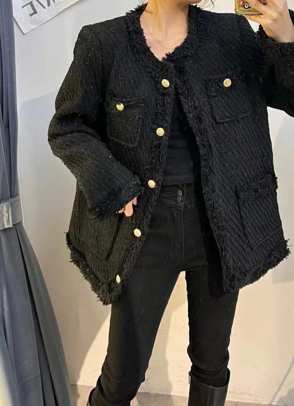Wool tweed jacket for women in autumn and winter new temperament French black small fragrance jacket for women with high-end sense