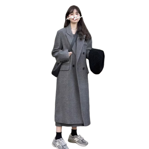 Gray suit woolen coat for women autumn and winter high-end new Korean style small temperament woolen coat