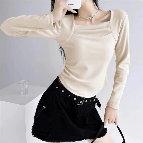 Official photo: Threaded velvet bottoming shirt for women, autumn and winter inner wear, thickened velvet long-sleeved T-shirt, square neck top