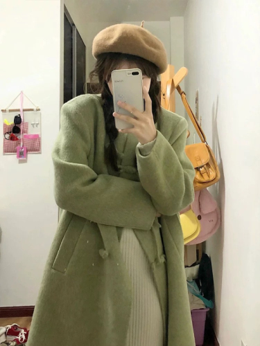 Women's woolen coat winter new Chinese style retro national style mid-length buckle woolen coat small person loose and thickened