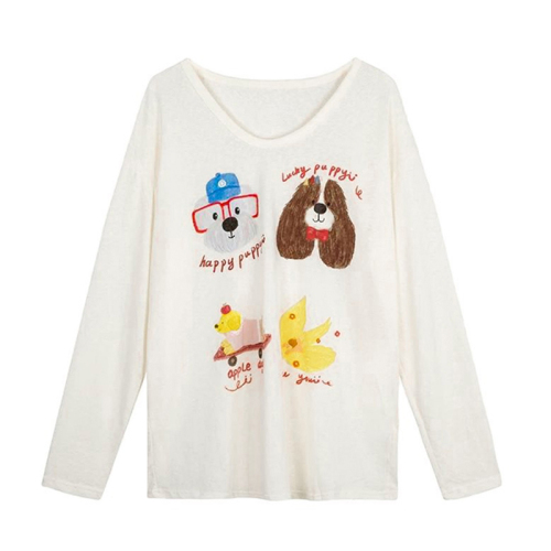 7145# Official Picture Original Snowflake Linen Letter Animal Cute Dog Print Long Sleeve T-Shirt for Women Spring and Autumn U-shaped