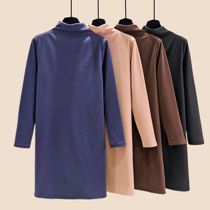 Ribbed Velour 230g Autumn/Winter Inner Dress for Women, High Neck Medium-Length Long-Sleeve Dress, Warm Quilted Skirt