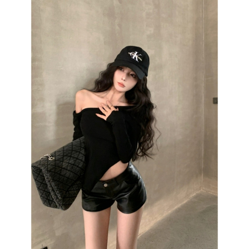 40 count cotton fashion super popular Korean style new irregular slant collar off-shoulder T-shirt long-sleeved slim bottoming top