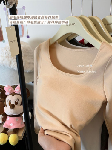 Real shot~Korean style round neck brushed warm T-shirt with slim fit and long-sleeved top