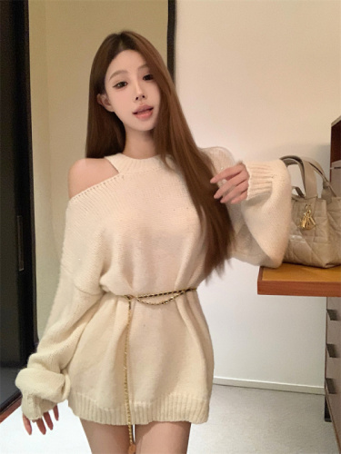 Actual shot of new autumn and winter pure desire off-shoulder knitted sweater dress