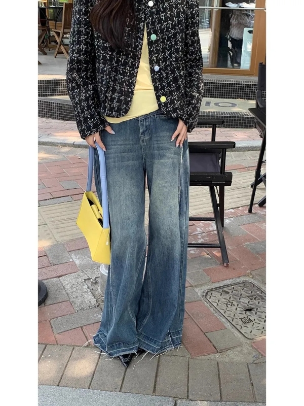 Retro jeans for women in autumn new style straight-leg loose high-waisted spliced ​​wide-leg American high street pants