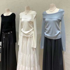 2024 Autumn New Simple and Versatile Long-Sleeve One-Shoulder Knit Top Sweater Women's Innerwear Top Short Base Shirt