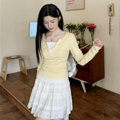 Pure cotton bright yellow fake two-piece long-sleeved T-shirt for women early autumn slim unique and chic short top