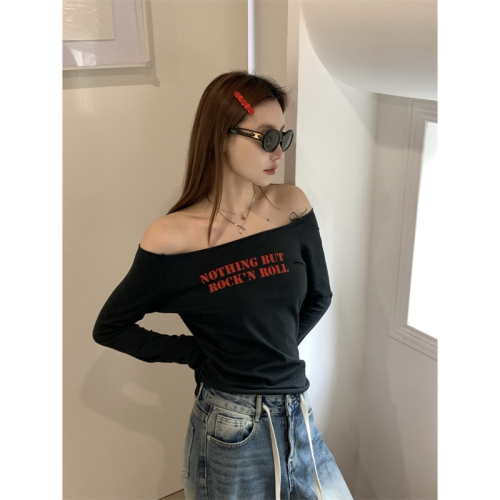 40 count cotton 92 cotton 8 spandex fashion super popular one-shoulder letter printed long-sleeved T-shirt slim off-shoulder top