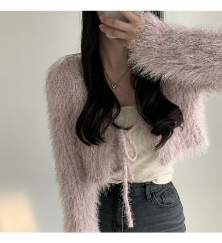 Korean chic early spring loose and versatile furry lace-up short sweater coat slim and warm knitted cardigan for women