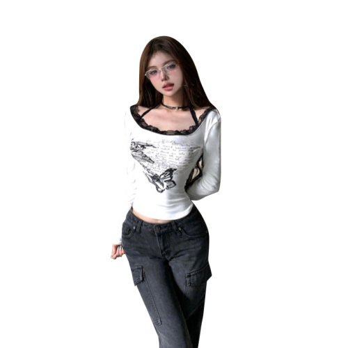 Cationic velvet fashion super hot lace splicing printed halterneck long-sleeved T-shirt short backless top