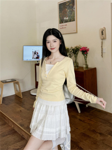 Pure cotton bright yellow fake two-piece long-sleeved T-shirt for women early autumn slim unique and chic short top