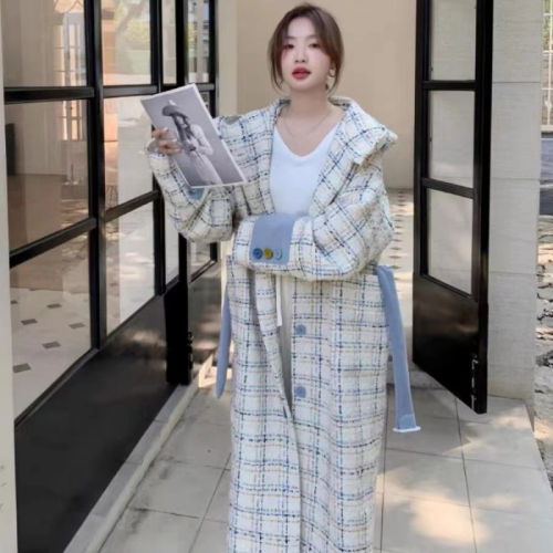 College style fashion plaid hooded woolen coat for women autumn and winter mid-length design knee-high cape woolen coat