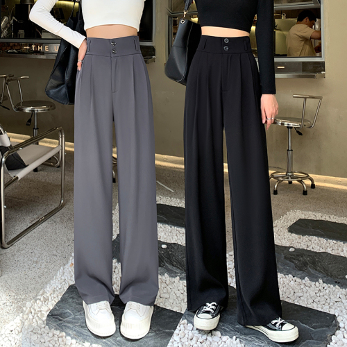 Black suit pants for women in spring, autumn and winter, high-waisted, double-buttoned, loose, slim, drapey, straight-leg, floor-length wide-leg pants for small people