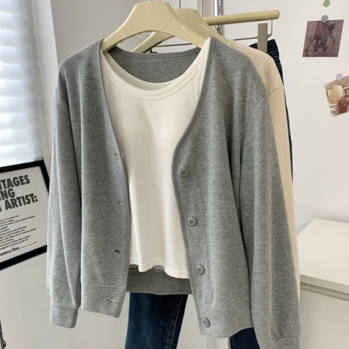 New autumn and winter V-neck small long-sleeved sweatshirt jacket for women loose casual solid color versatile short cardigan top