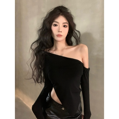 Official picture 40 count cotton 92 cotton 8 spandex irregular slope collar off-shoulder T-shirt long-sleeved slim bottoming shirt