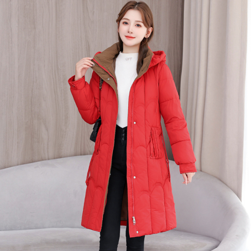 Real shot of red hooded 2024 winter new down jacket for women, mid-length fashionable thickened bread coat and cotton jacket