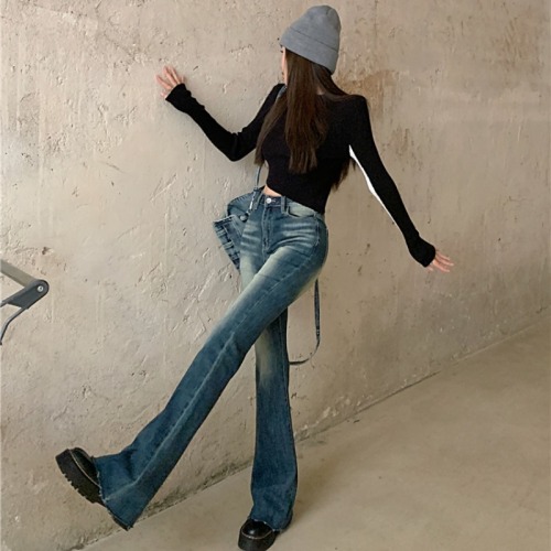 Real shot!  Retro Distressed Hot Girl Jeans Women's Autumn Slim Fit High Waist Bootleg Pants