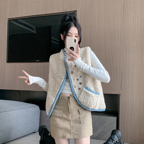 Actual shot ~ Retro loose casual reversible lamb wool spliced ​​denim vest for women autumn and winter vest top