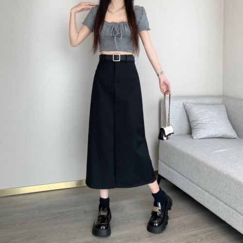 College-style suit skirt, high-waisted long skirt, slimming A-line skirt, designed slit skirt