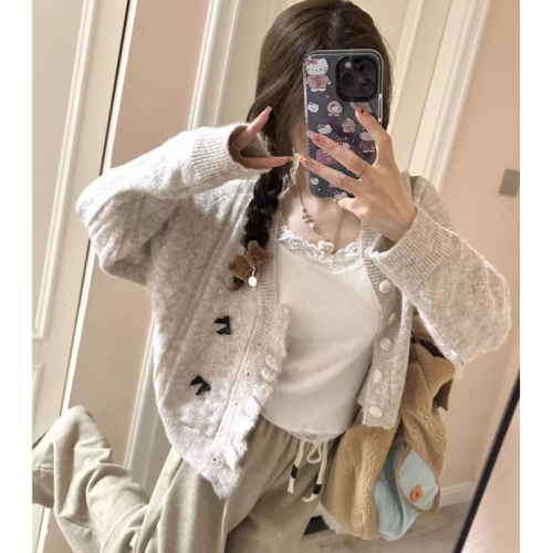 French-style bow elegant short knitwear women's spring and autumn design sense niche petite soft sweater coat