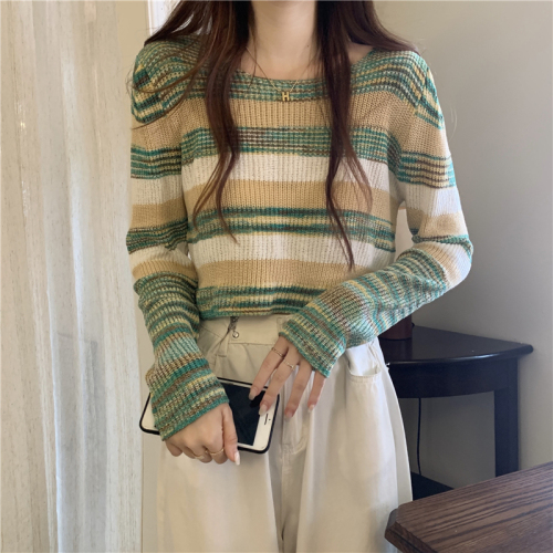 Actual shot of Korean style low-neck sweater with rainbow striped knitted sweater, short long-sleeved top