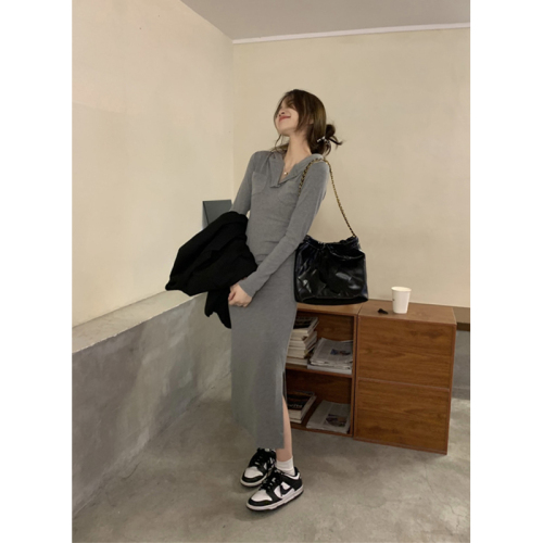 Real shot!  Autumn and winter slim-fitting hooded dress Korean style slimming shirred side slit hip-covering bottoming skirt