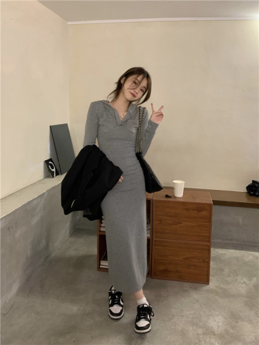 Real shot!  Autumn and winter slim-fitting hooded dress Korean style slimming shirred side slit hip-covering bottoming skirt