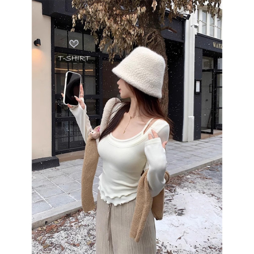 High elastic ribbed velvet, fashionable and super popular Korean style fake two-piece long-sleeved T-shirt bottoming shirt with irregular design