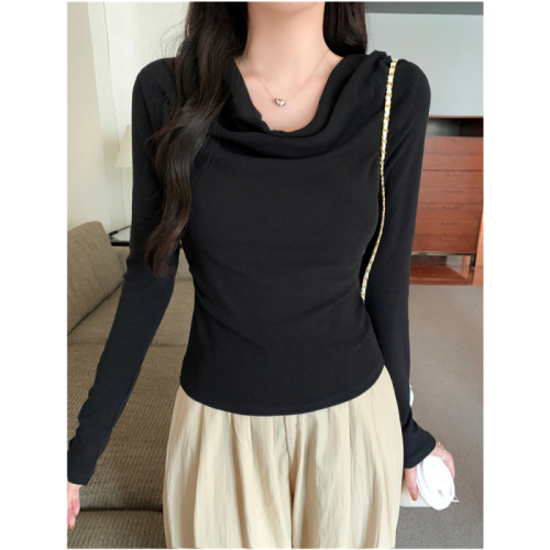 Real shot of swing collar tops for women, one-shoulder long-sleeved T-shirts, slim-fitting lazy bottoming shirts