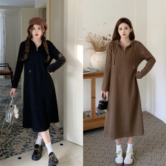 Plus size women's new autumn Korean style casual solid color hooded sweatshirt dress