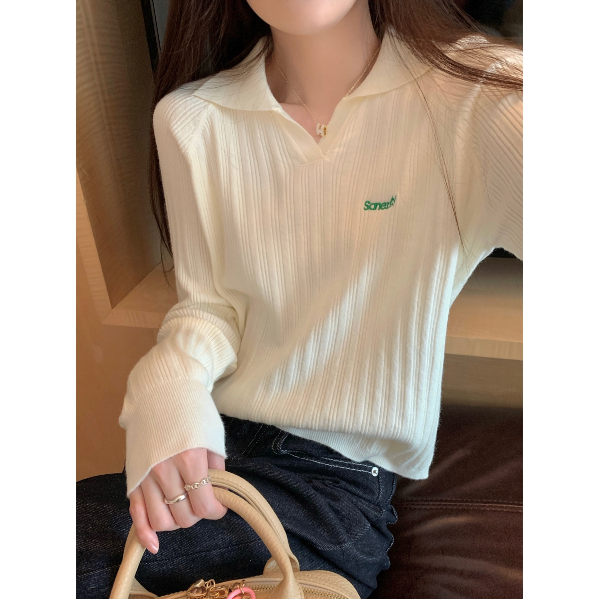 Actual shot of autumn and winter Korean style versatile temperament polo collar raglan Andy velvet knitted long-sleeved bottoming shirt top
