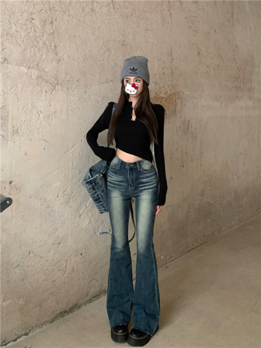 Real shot!  Retro Distressed Hot Girl Jeans Women's Autumn Slim Fit High Waist Bootleg Pants