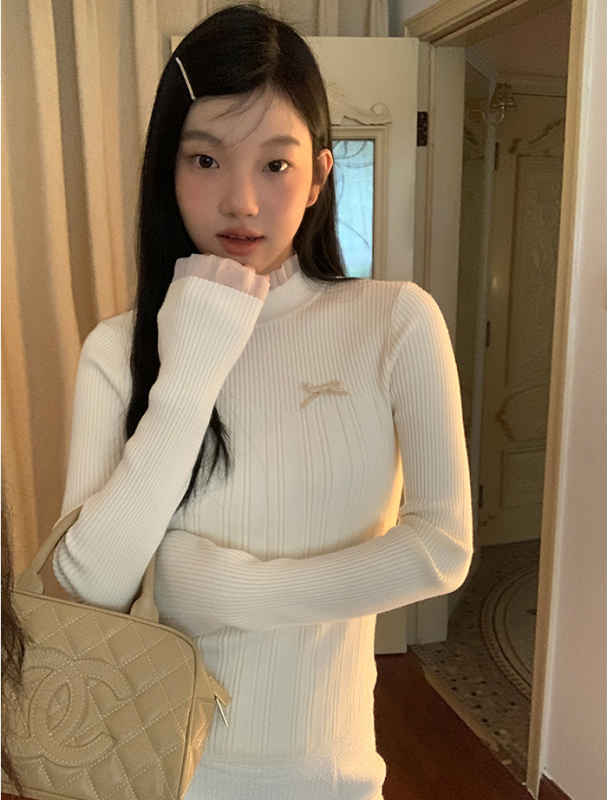 Bow knot sweater for women in autumn and winter new inner design high-end half turtleneck knitted bottoming shirt
